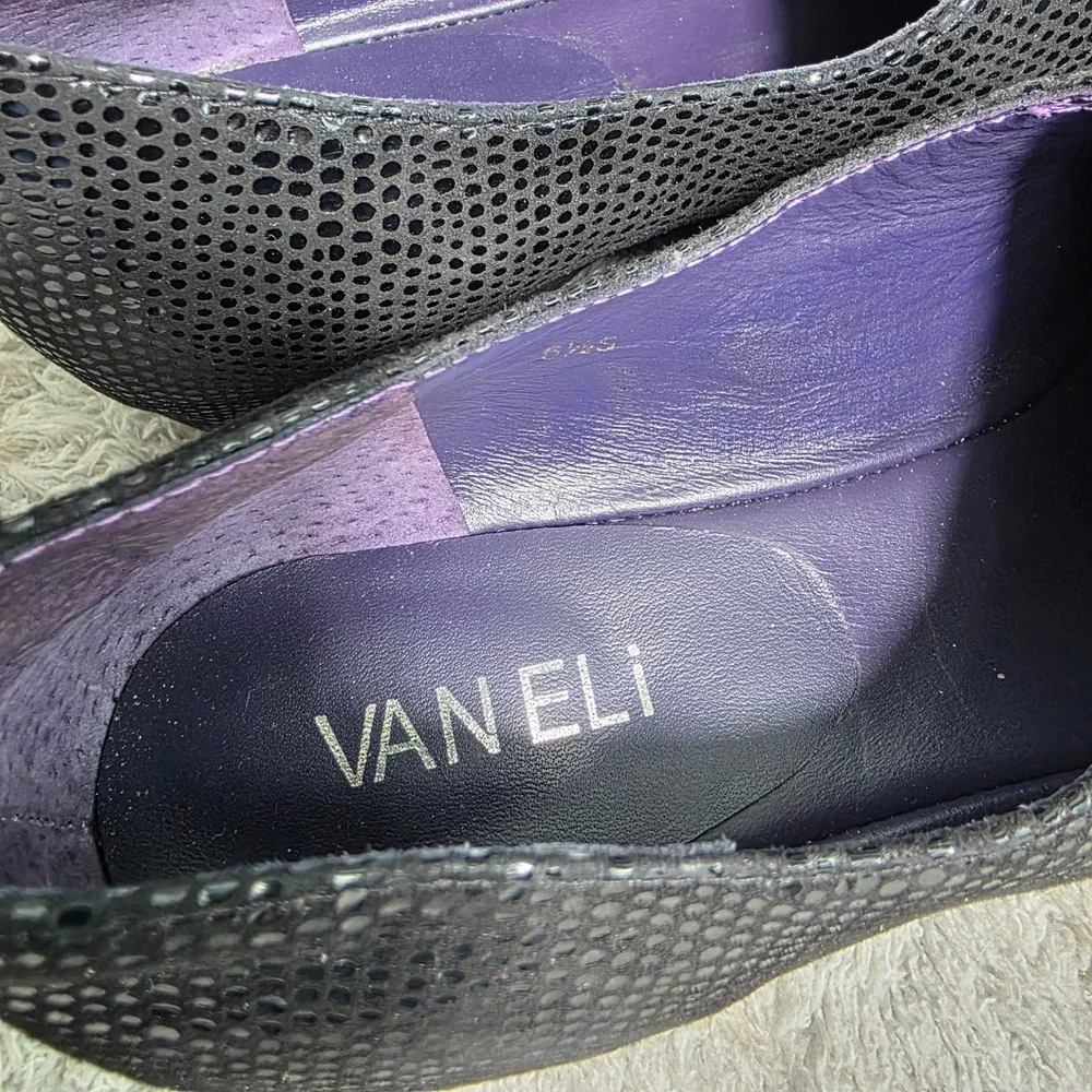 VTG Van Eli Wedge Pumps Black Textured Button‎ Square Toe Womens 6.5 S Excellent